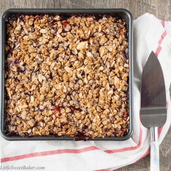 FRUIT TOPPED STREUSEL COFFEE CAKE. A delicious buttery coffee cake topped with sweet fruit pie filling and a crunchy cinnamon brown sugar almond & oat streusel.