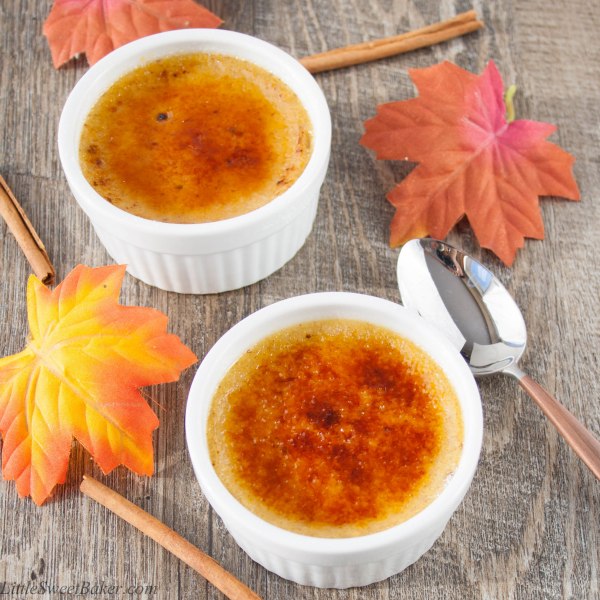 MAPLE SPICE CREME BRULEE. A creamy custard baked with a touch of cinnamon and sweetened with maple syrup, then topped with a crunchy caramelized sugar coating. Only 5 ingredients required to make this easy delicious dessert.